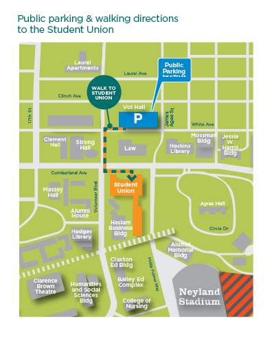 Image of a map for public parking and walking directions to the Student Union.